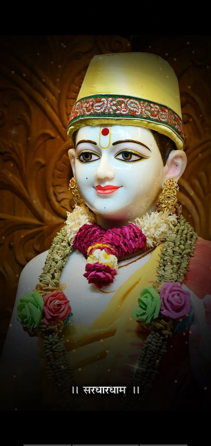 Swaminarayan marble statue with floral garland