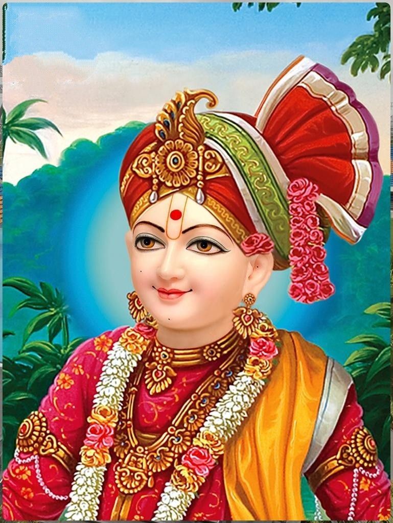 Smiling Swaminarayan portrait with golden adornments