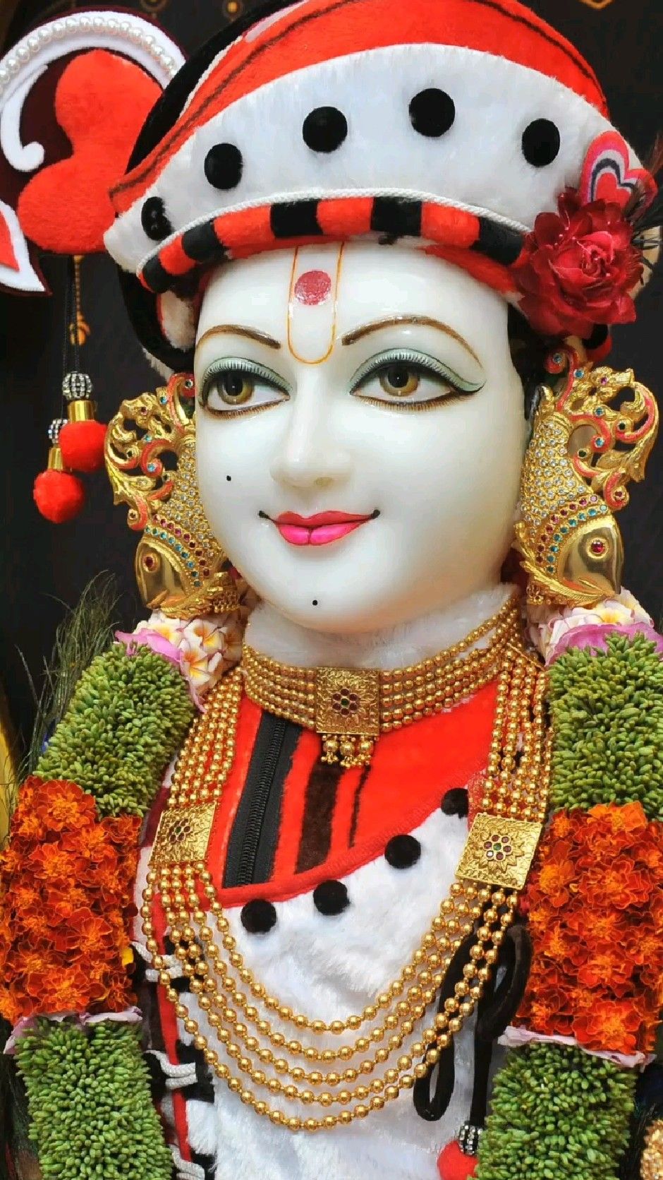 Close-up of serene Swaminarayan deity