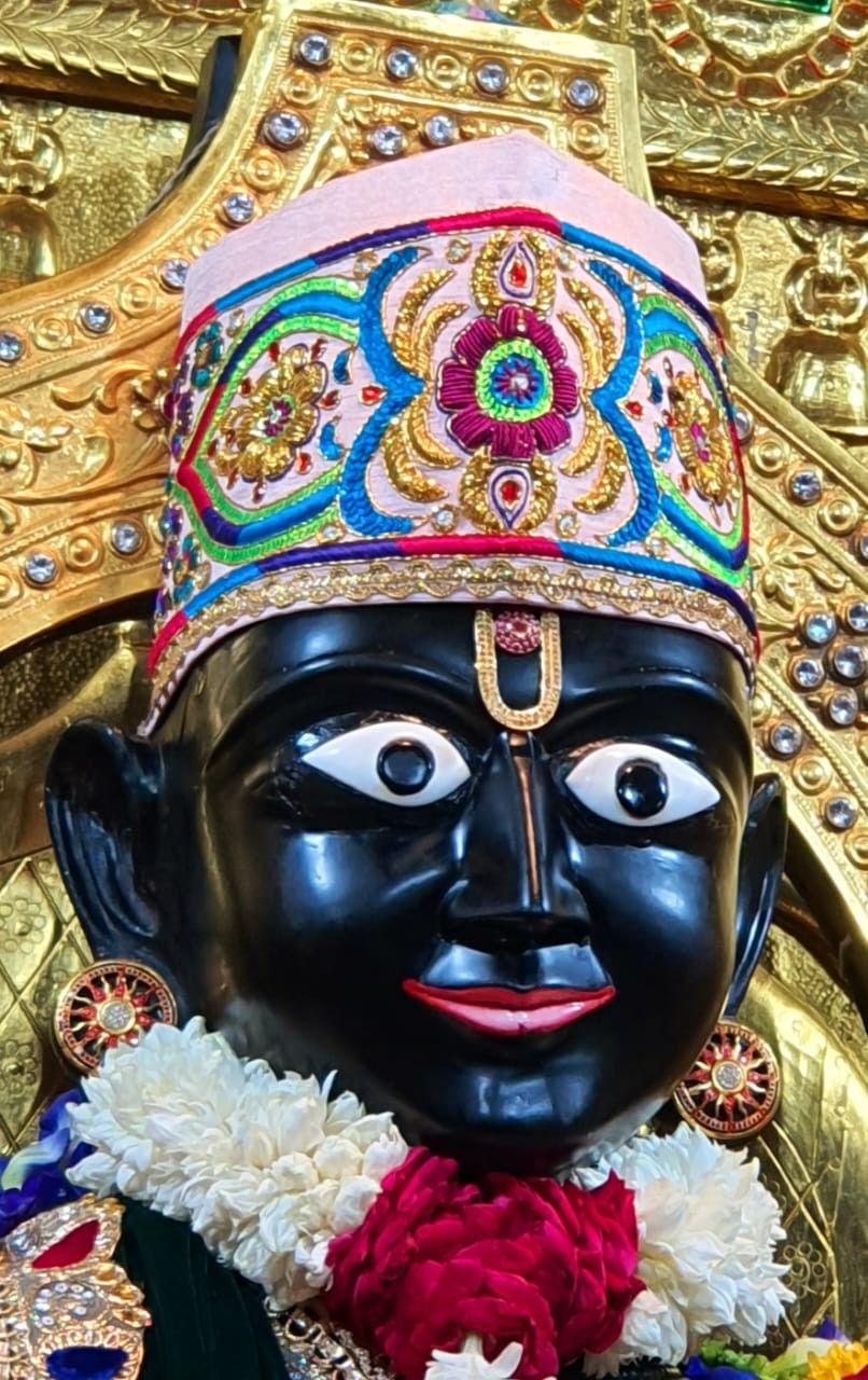 Close-up of Swaminarayan with floral garland