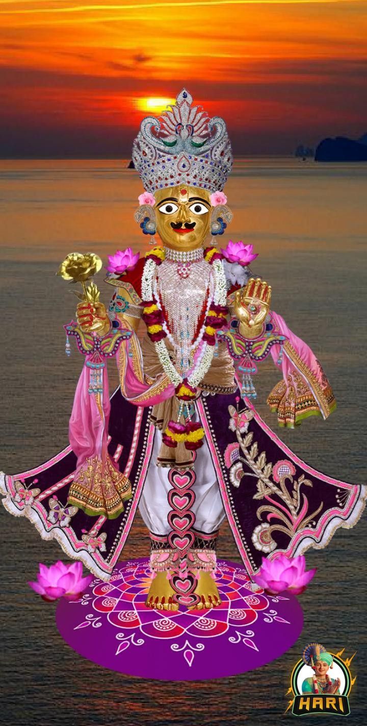 Swaminarayan Bhagwan amidst lotus and sunset