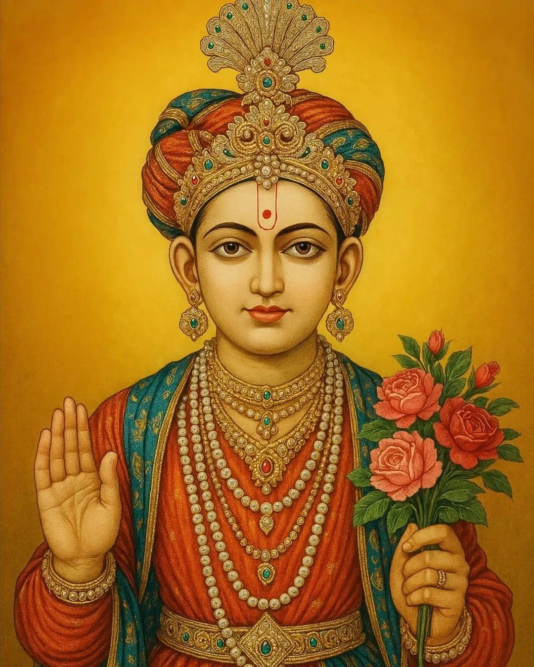 Swaminarayan with roses offering blessings