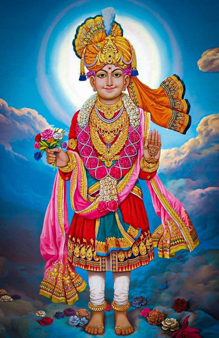 Swaminarayan with flowers and blessing.