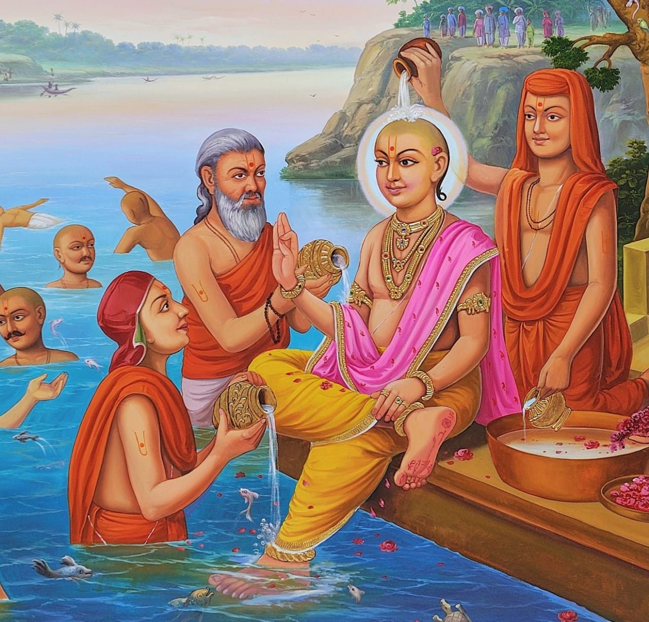 Swaminarayan with devotees by the river
