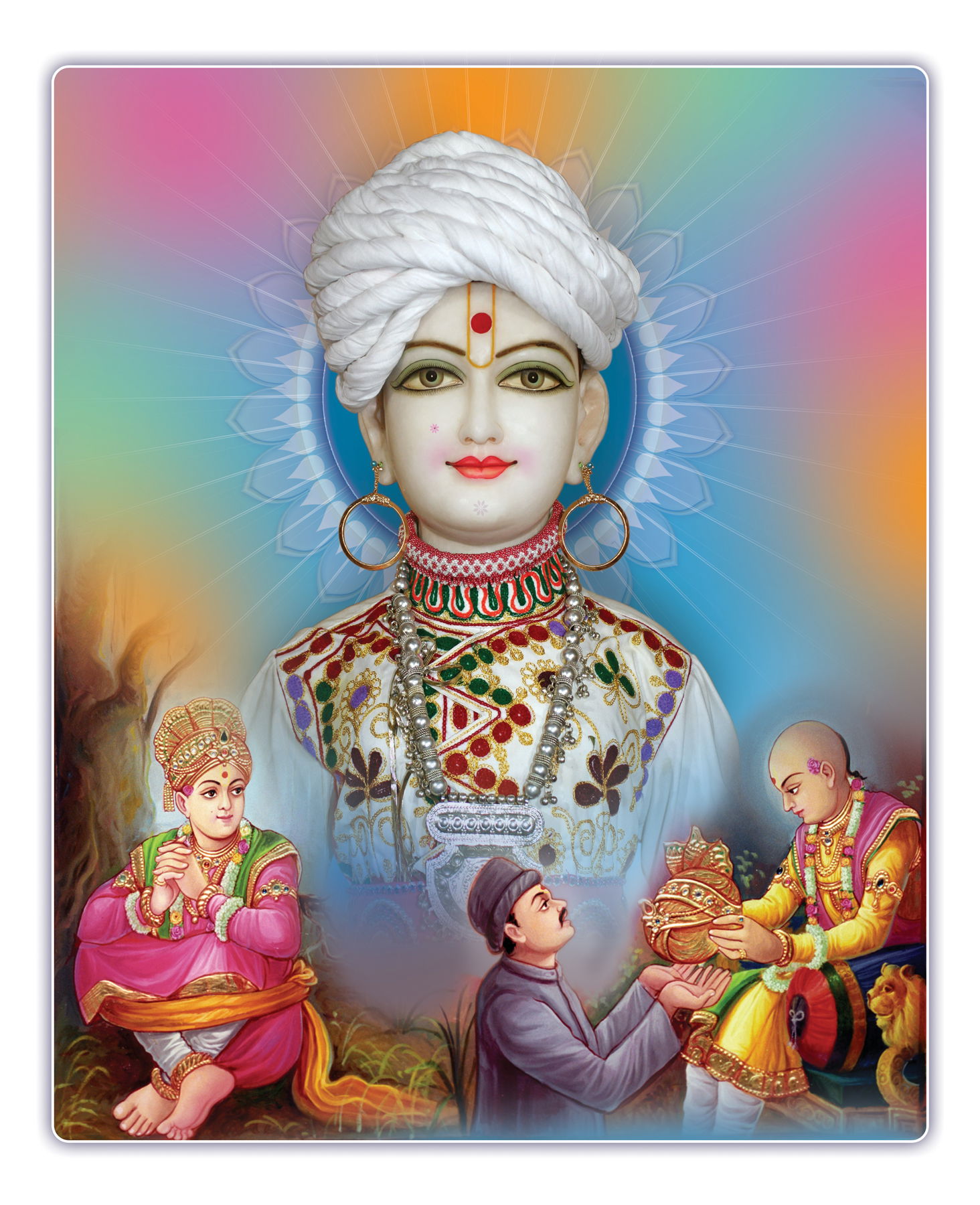 Swaminarayan with devotees offering gifts.