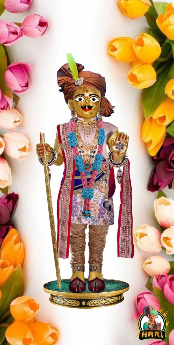 Swaminarayan surrounded by vibrant flowers.