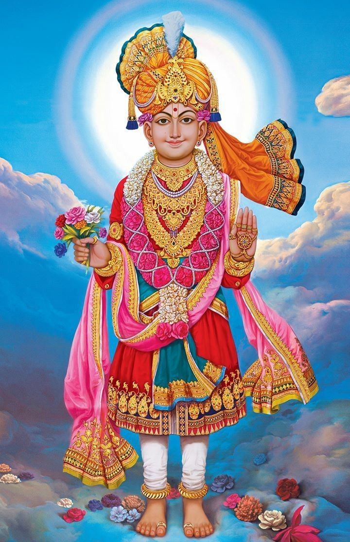 Swaminarayan holding a bouquet of flowers