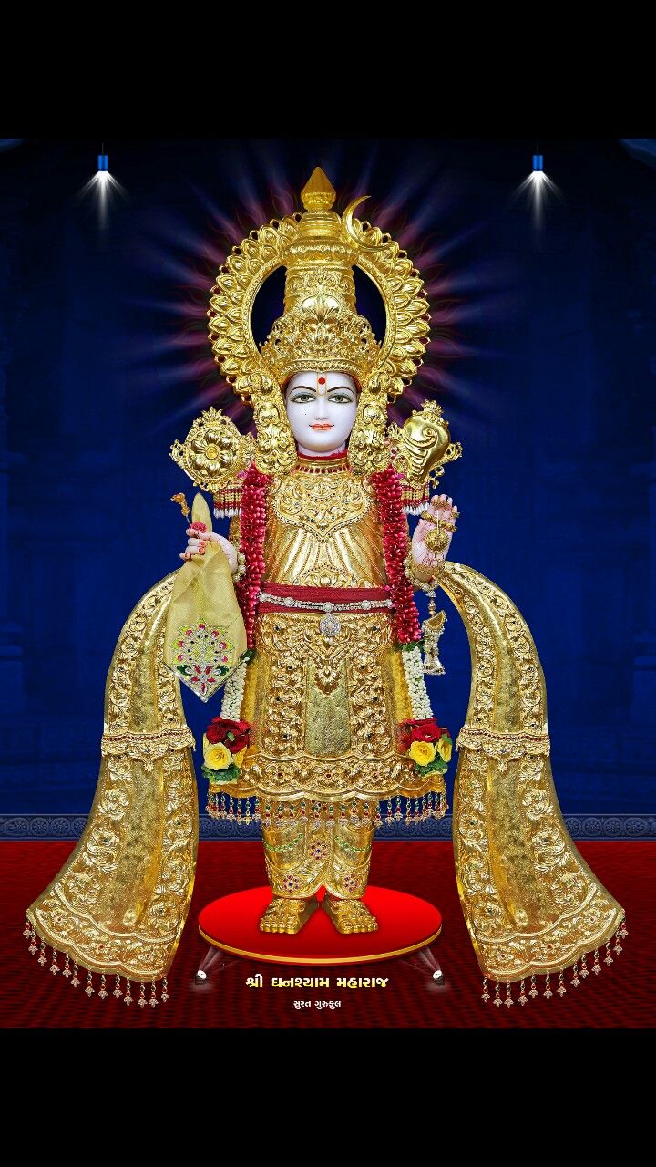 Golden Swaminarayan murti in ornate attire