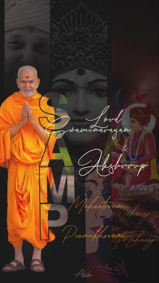 Swaminarayan in saffron robes, peaceful