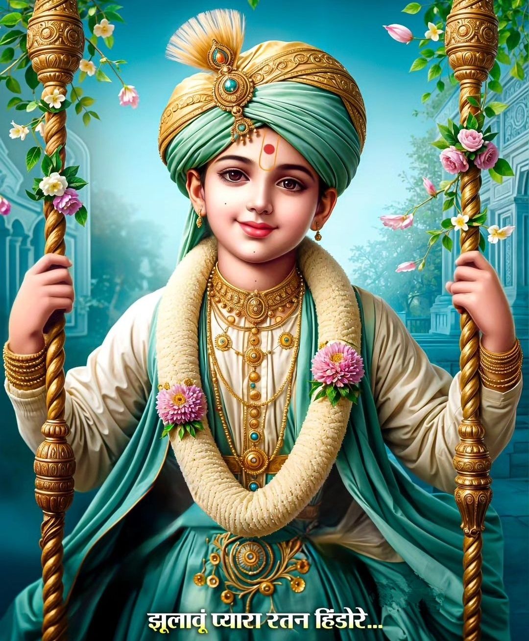 Swaminarayan child deity on a swing