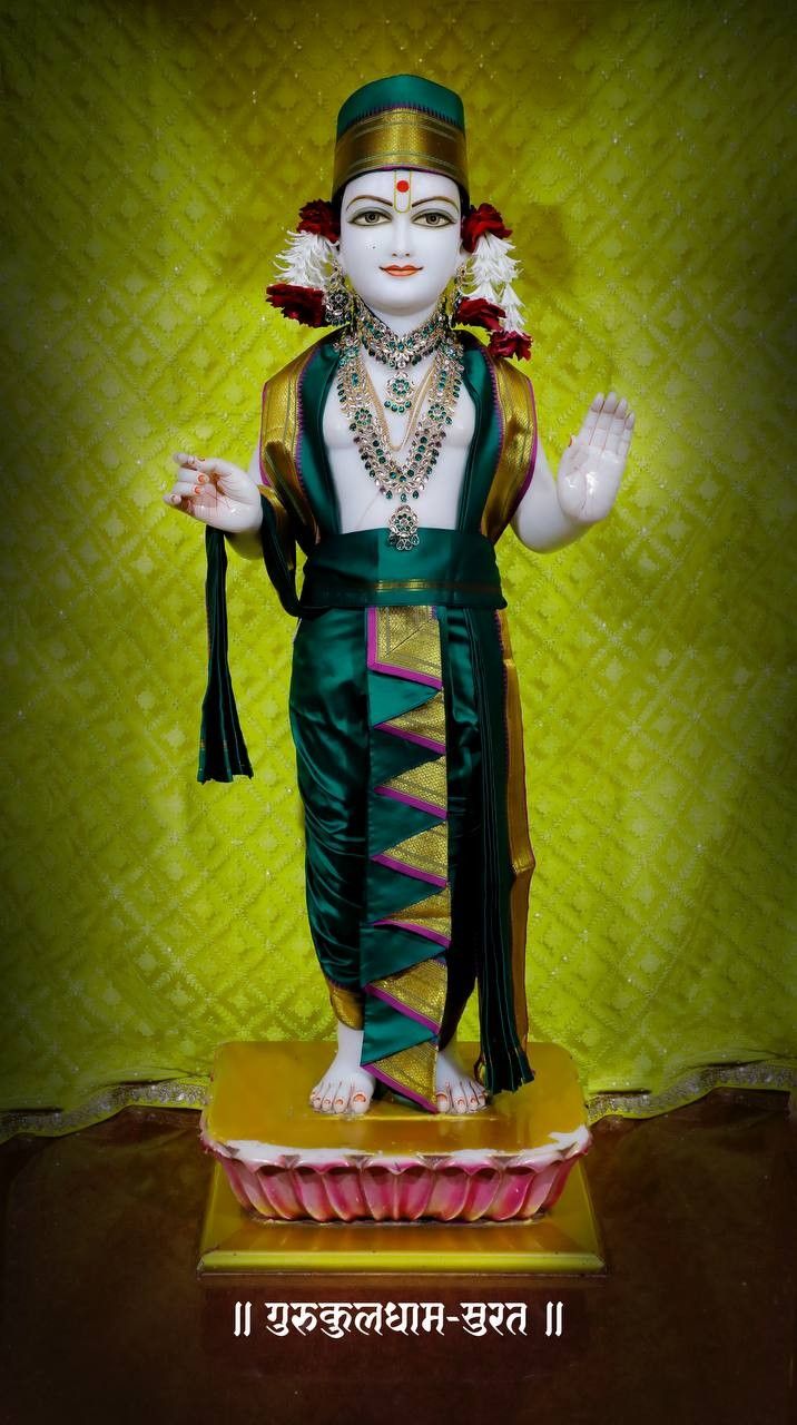 Radiant Swaminarayan deity with floral backdrop