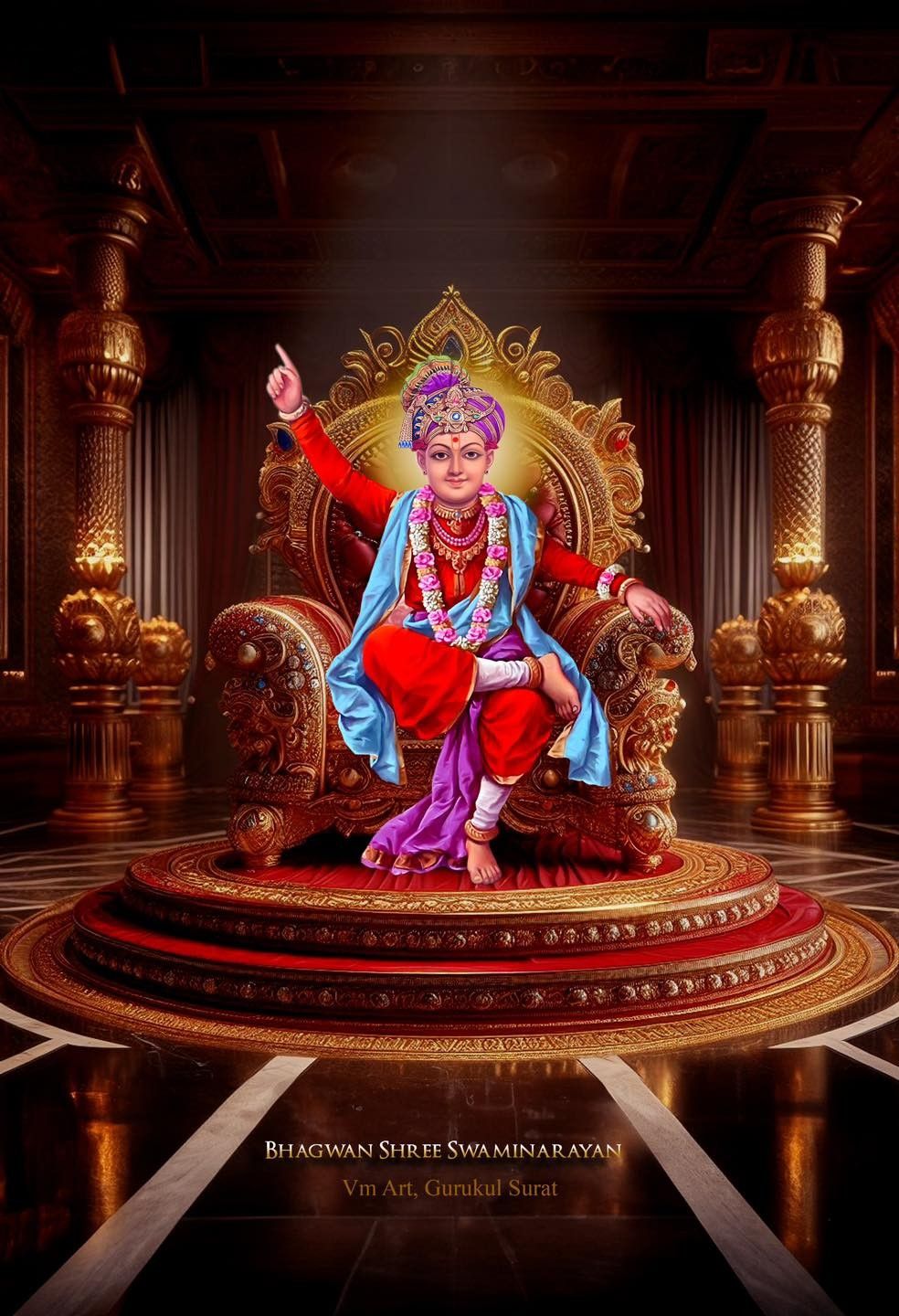 Swaminarayan seated on golden throne.