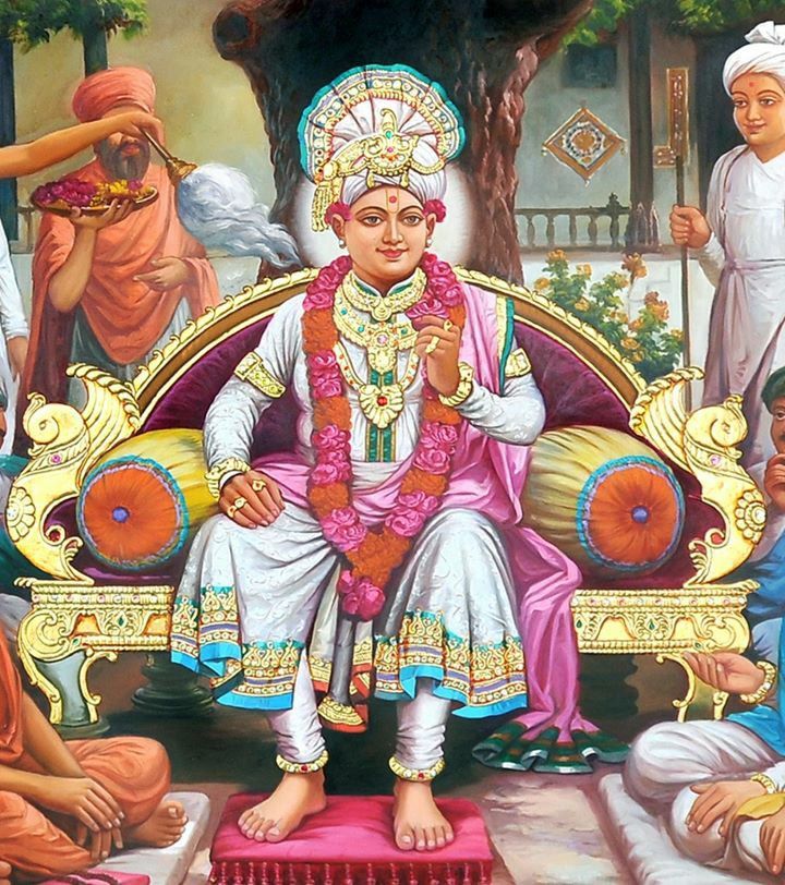 Swaminarayan seated on ornate throne