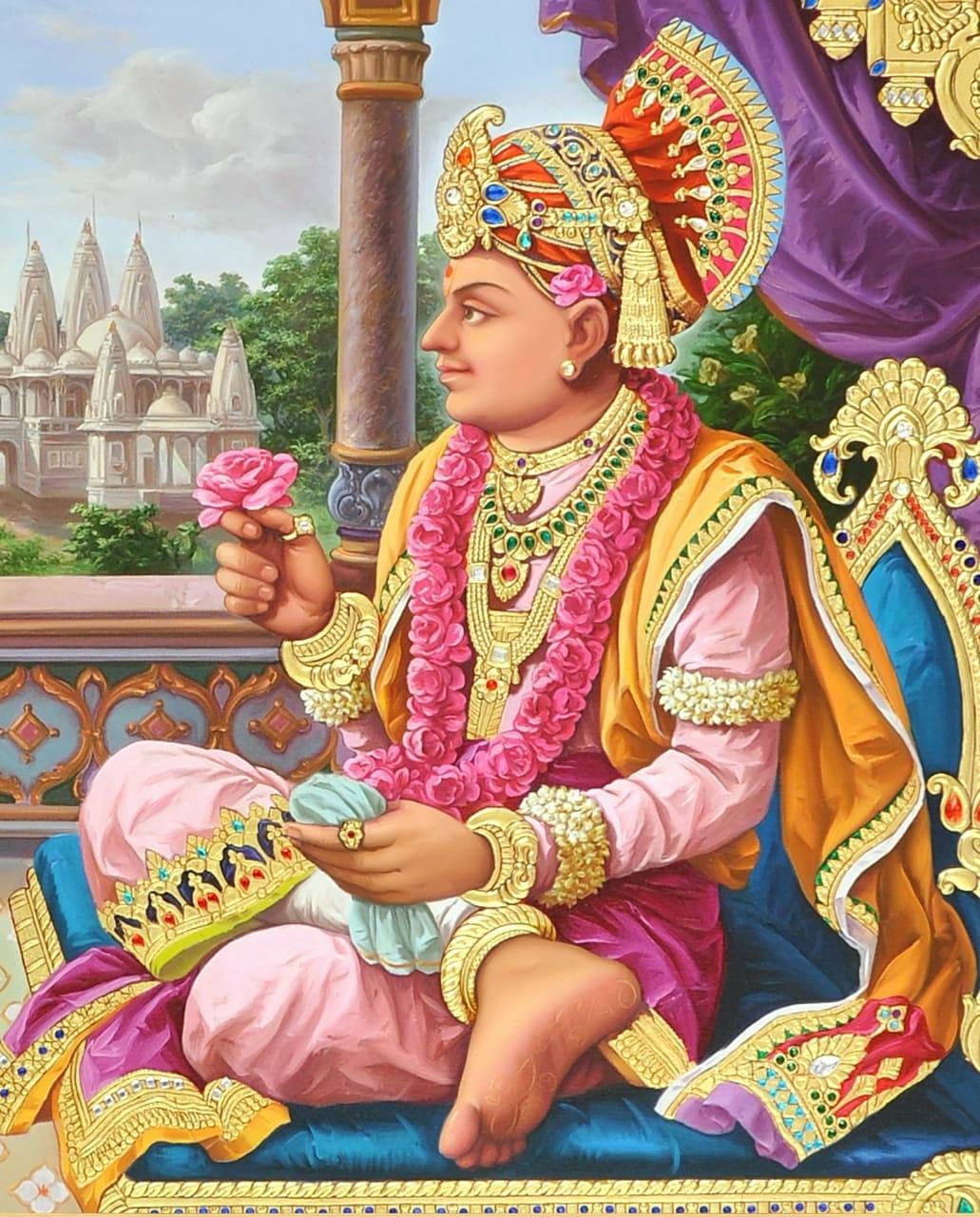Swaminarayan portrait with flower and temple