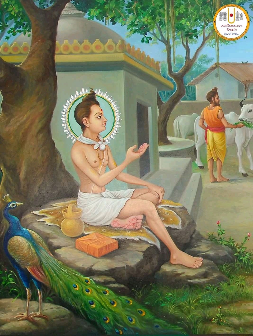 Swaminarayan seated in a village setting