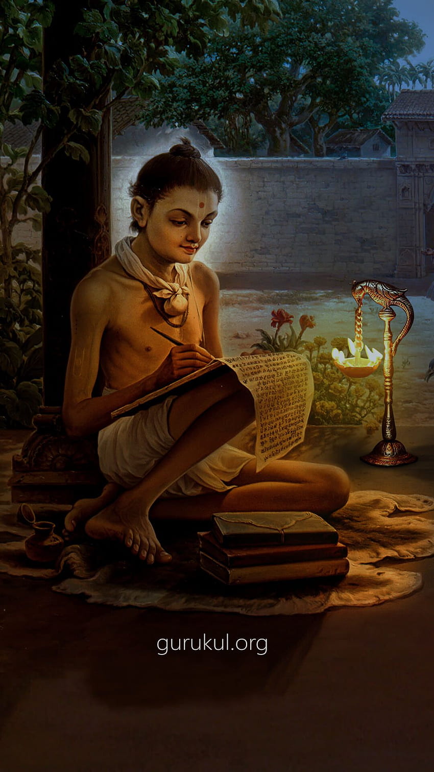 Young Swaminarayan studying sacred texts