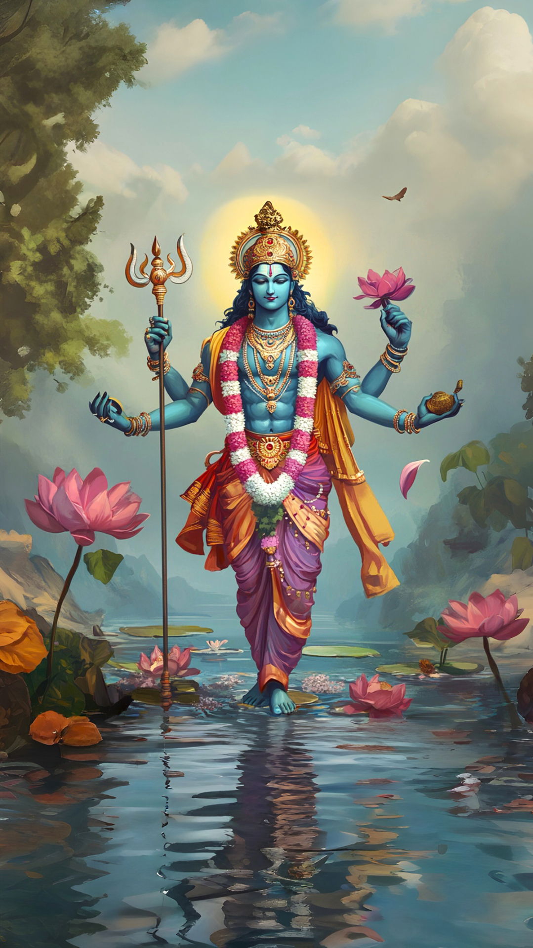 Lord Vishnu walking on water with lotus