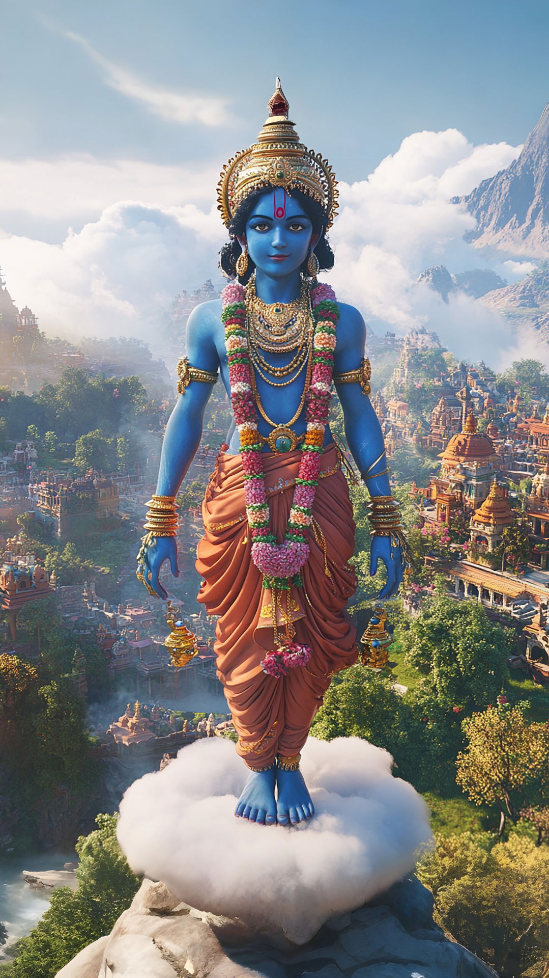 Blue-skinned Krishna stands in the mountains