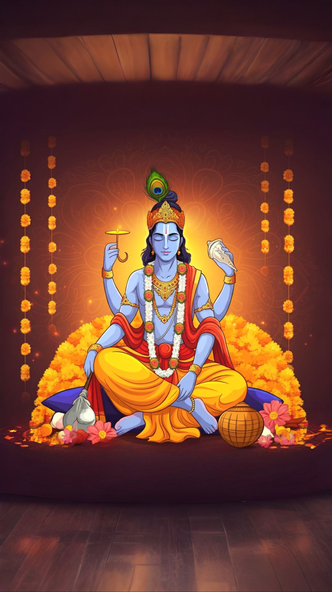 Lord Krishna with flute and lotus