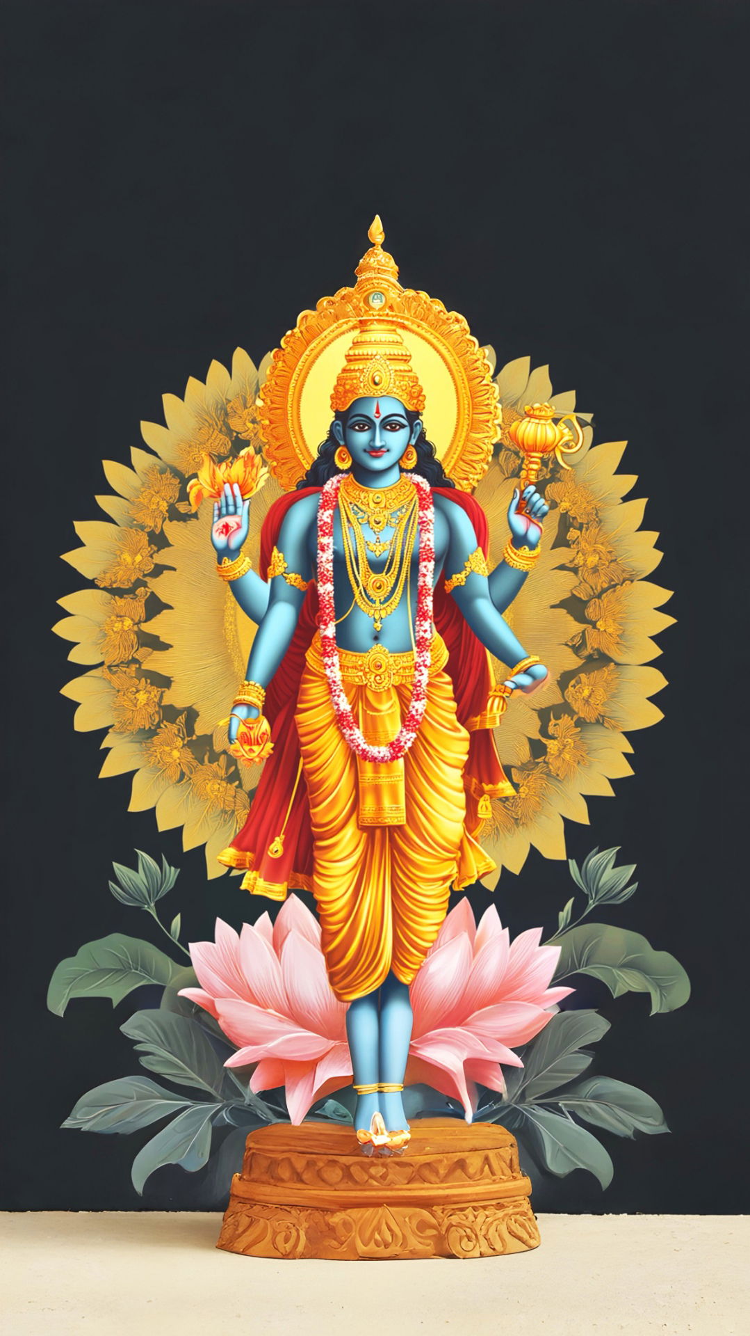 Lord Vishnu with conch and lotus.