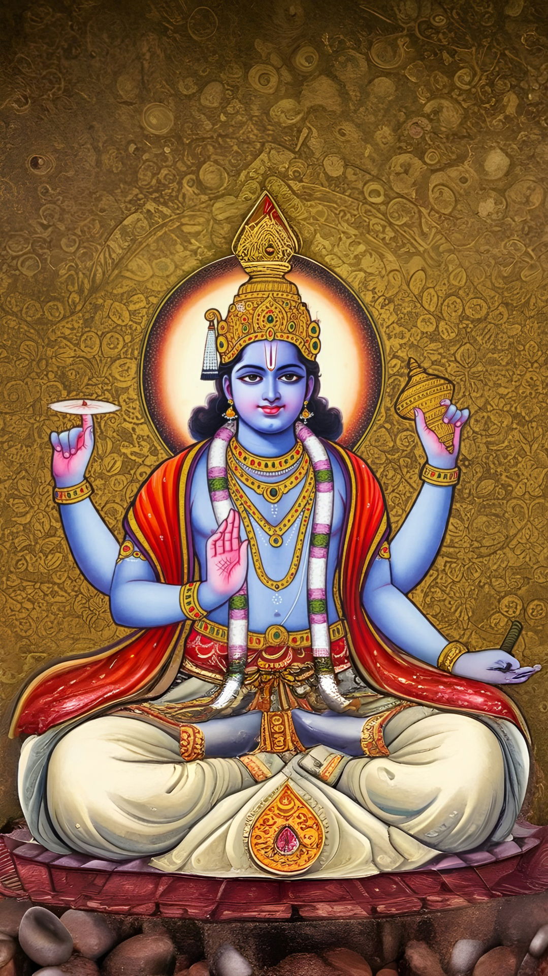 Lord Vishnu holding chakra and conch.