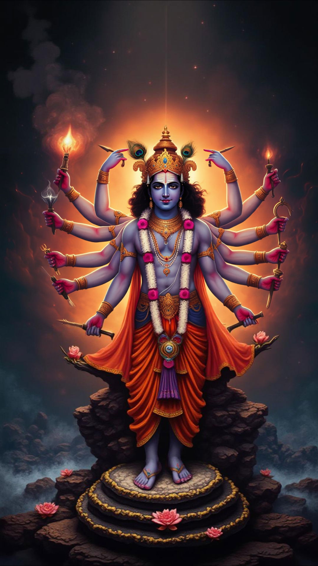 Multi-armed Lord Vishnu stands powerfully.