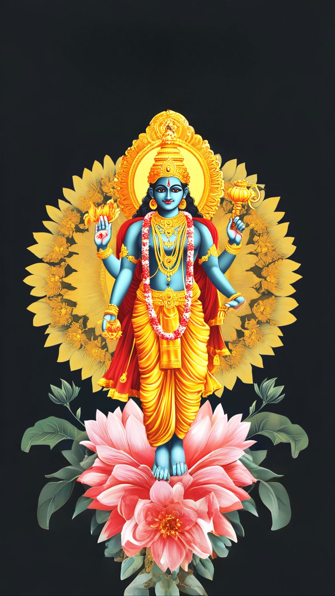 Lord Vishnu with conch, lotus, mace, chakra.
