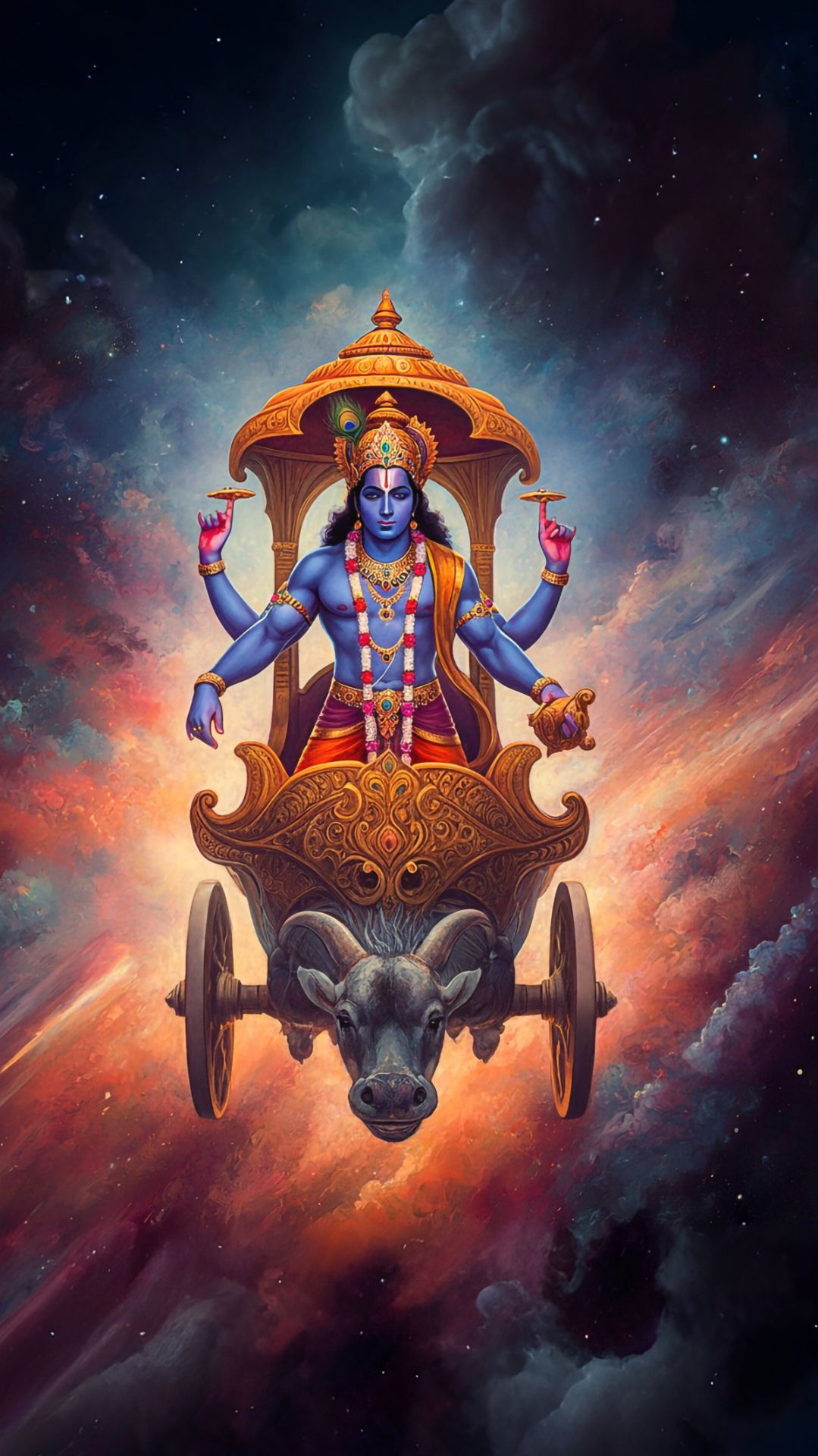 Lord Vishnu rides Garuda through the cosmos