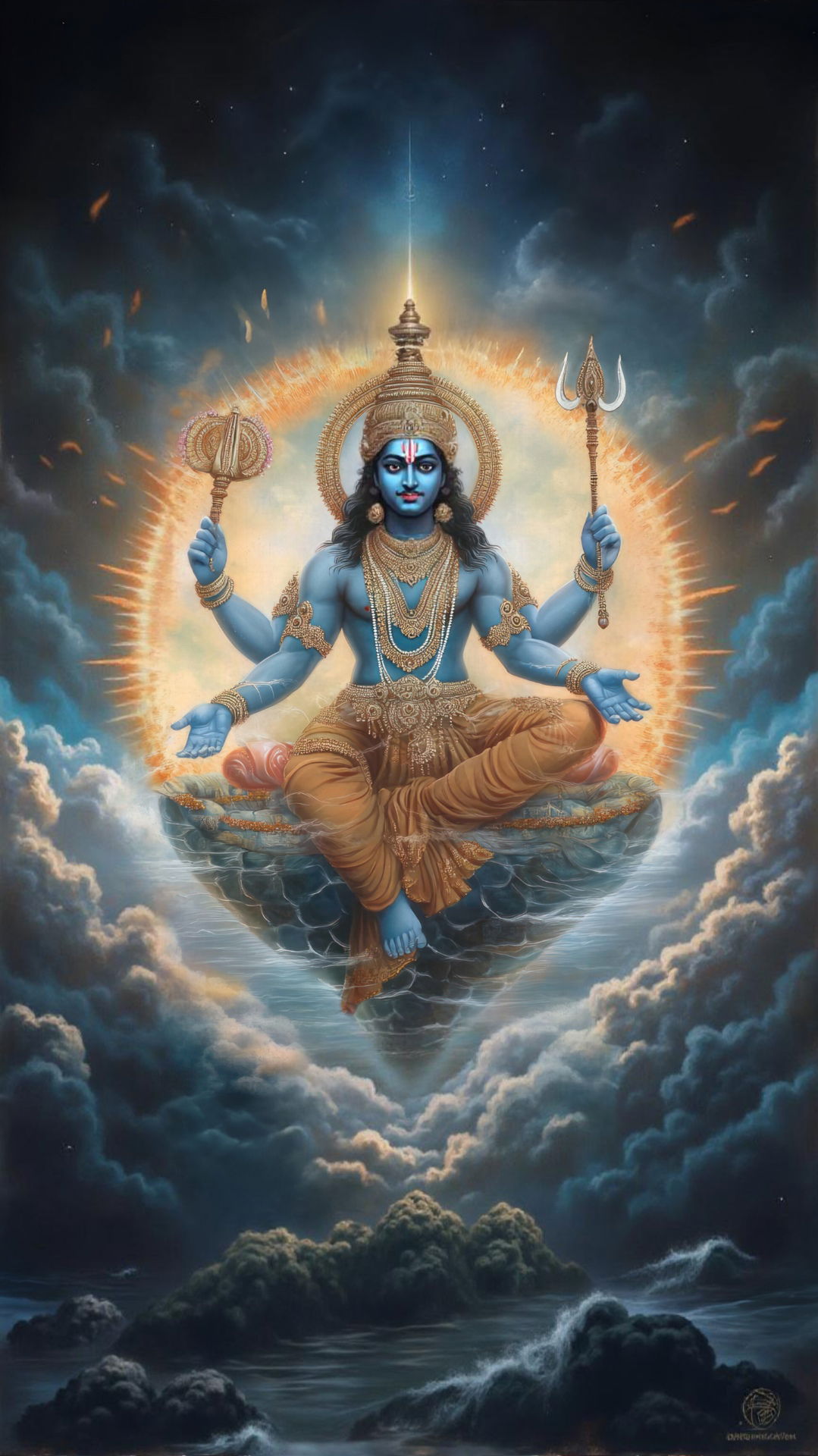 Lord Vishnu seated amidst cosmic clouds