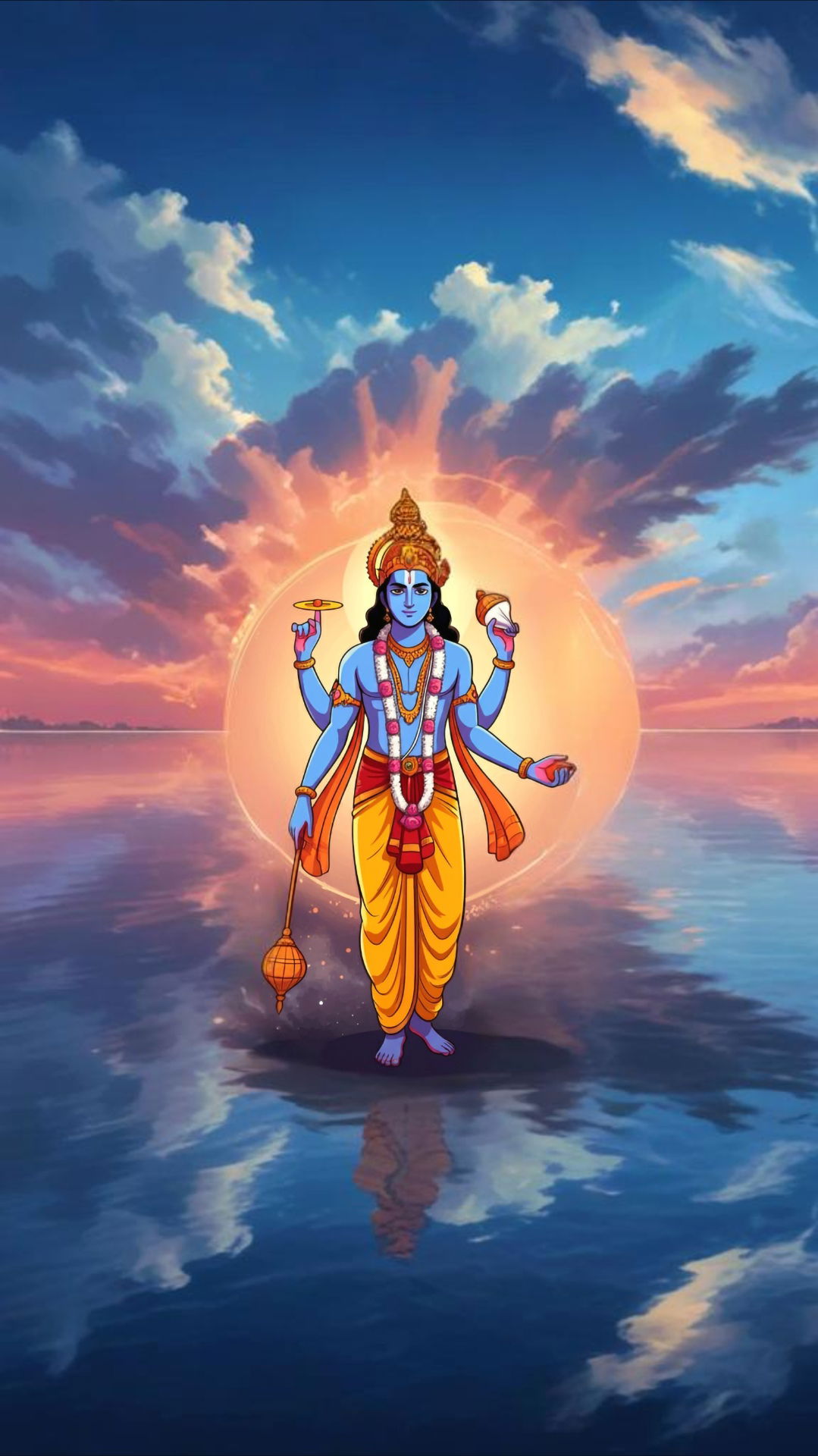 Lord Vishnu amidst sunset and ocean