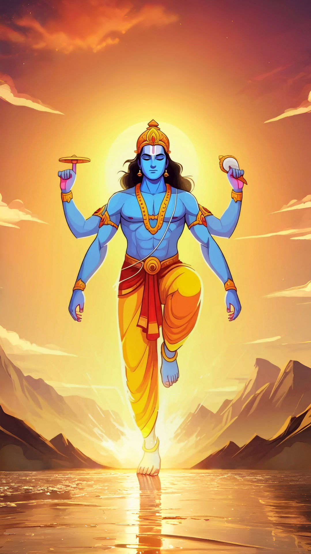 Lord Vishnu walking on cosmic waters.
