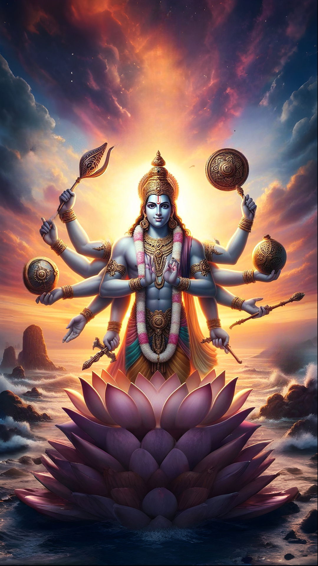 Lord Vishnu amidst sunset and lotus.