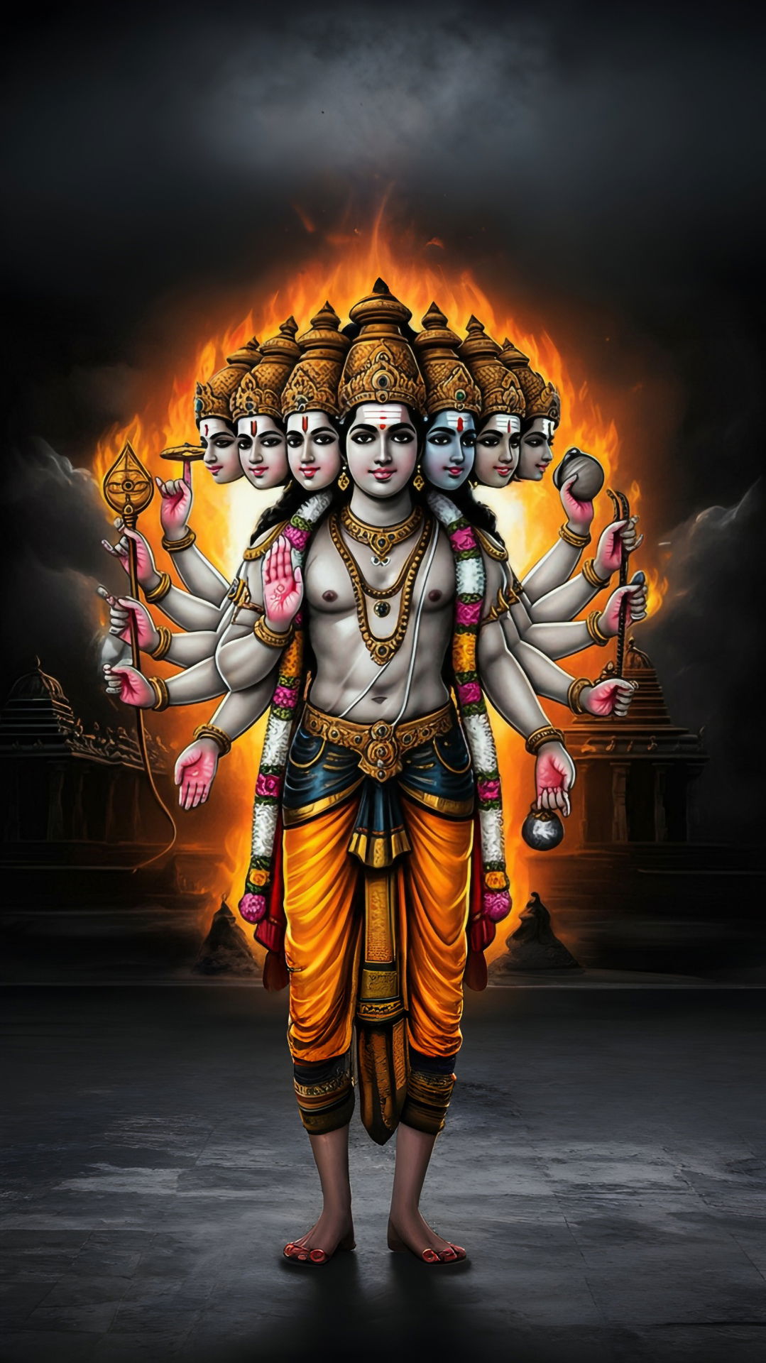 Multi-headed Lord Vishnu with divine weapons