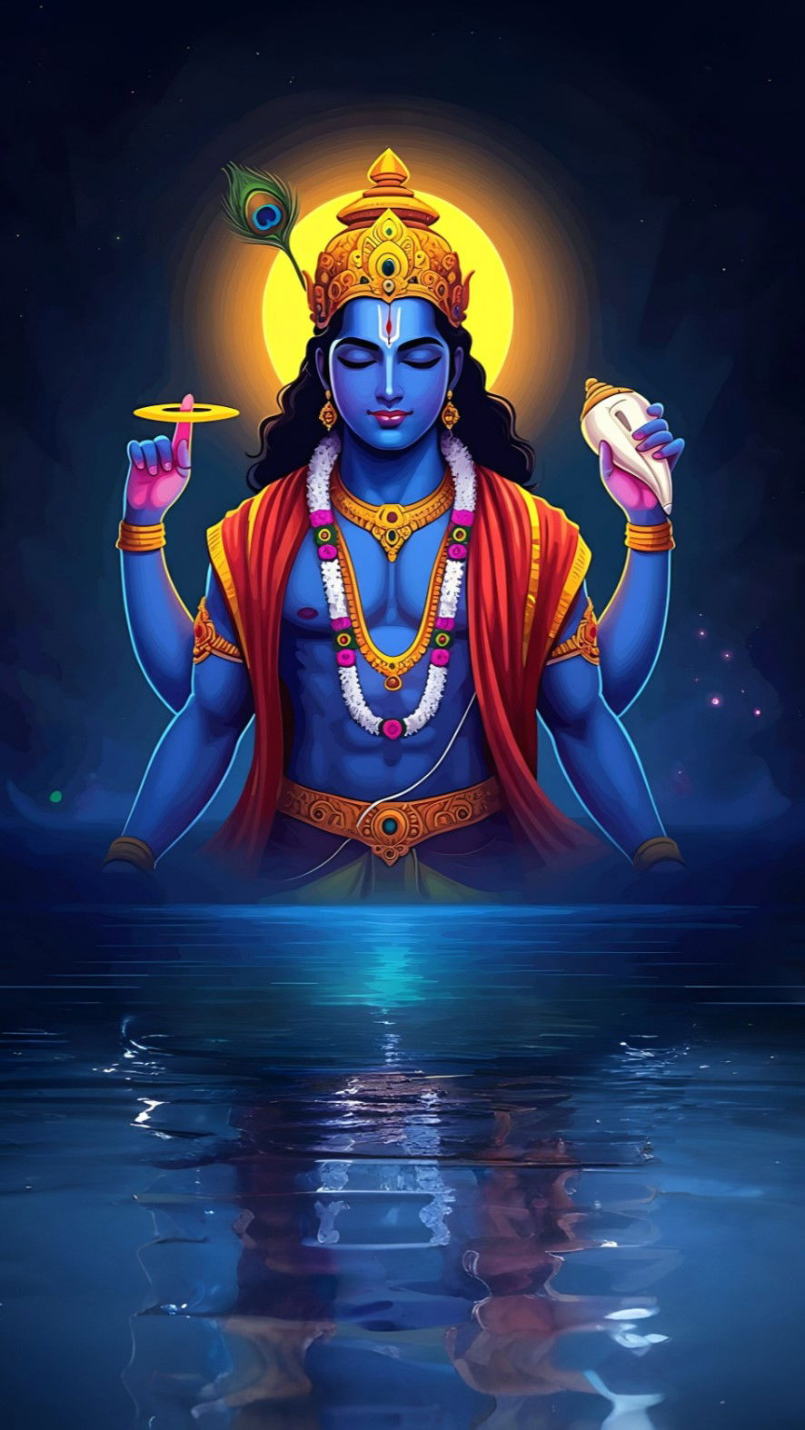 Lord Vishnu with conch and chakra.