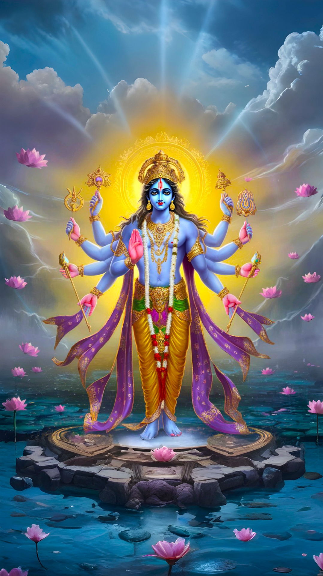 Lord Vishnu standing in cosmic ocean