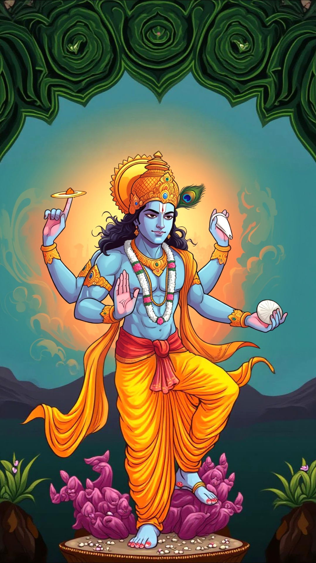 Lord Vishnu with chakra, lotus, and shell