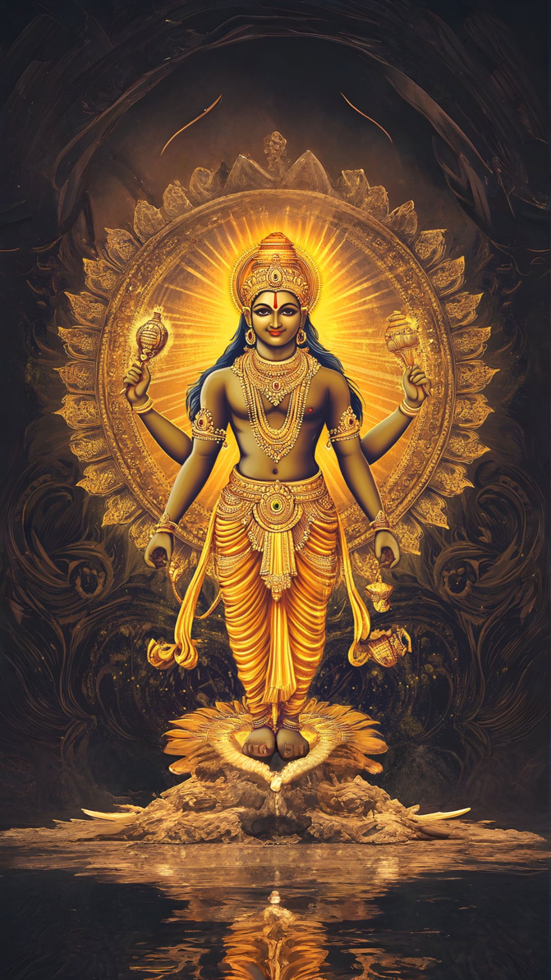 Vishnu seated on Sheshnag, golden radiance.