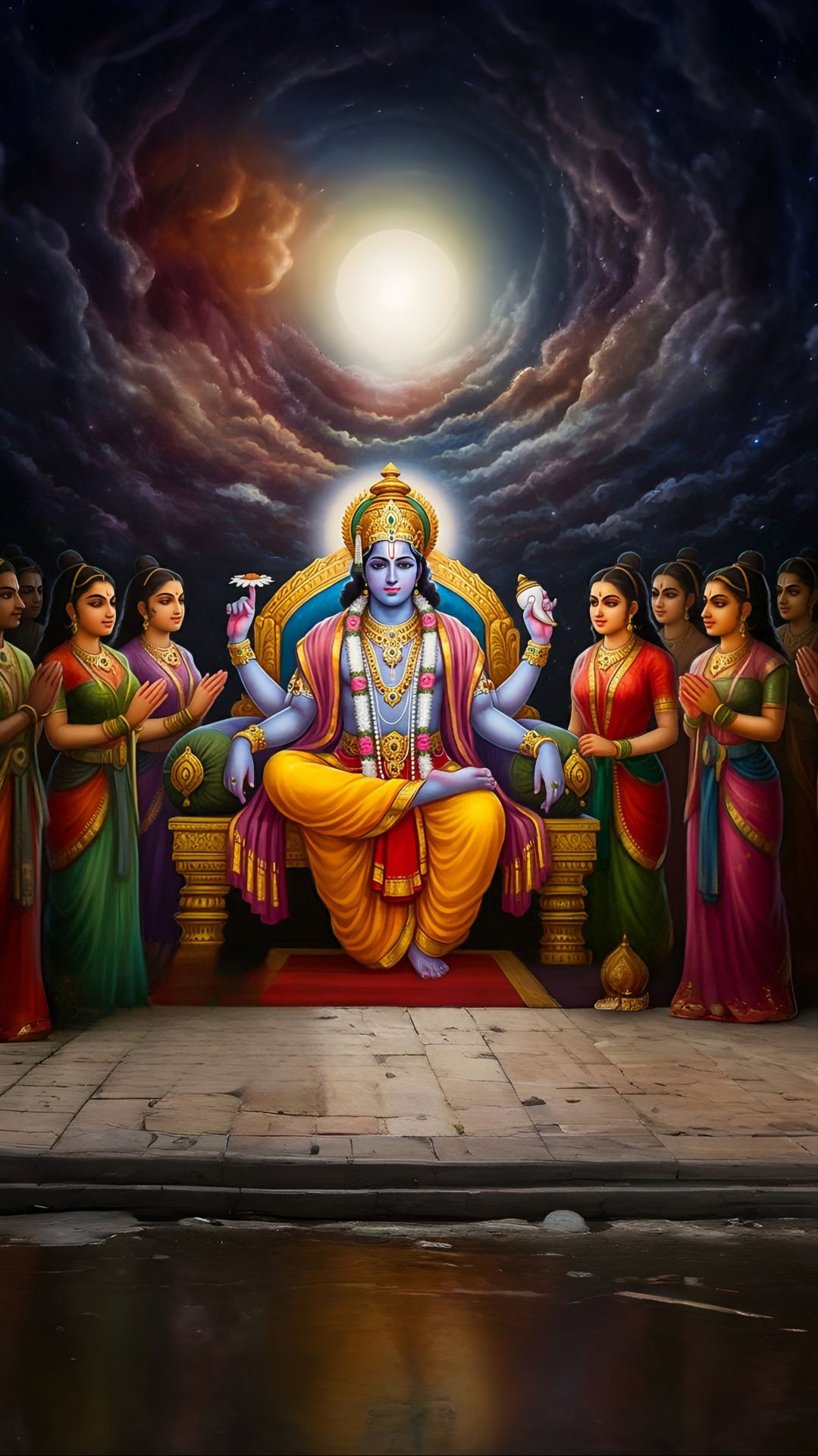Lord Vishnu on celestial throne surrounded by goddesses.