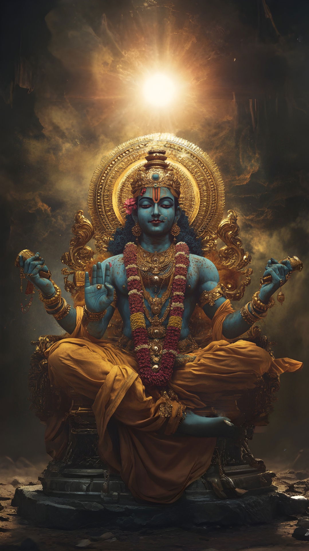 Blue-skinned Lord Vishnu seated on a throne