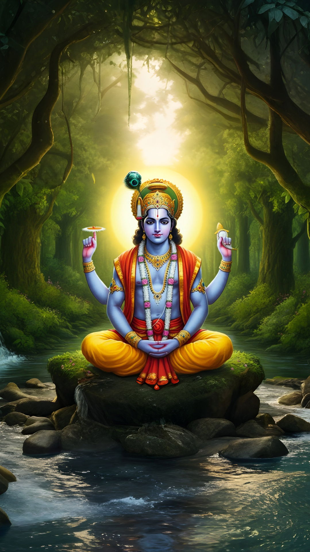 Lord Vishnu meditating in a forest.