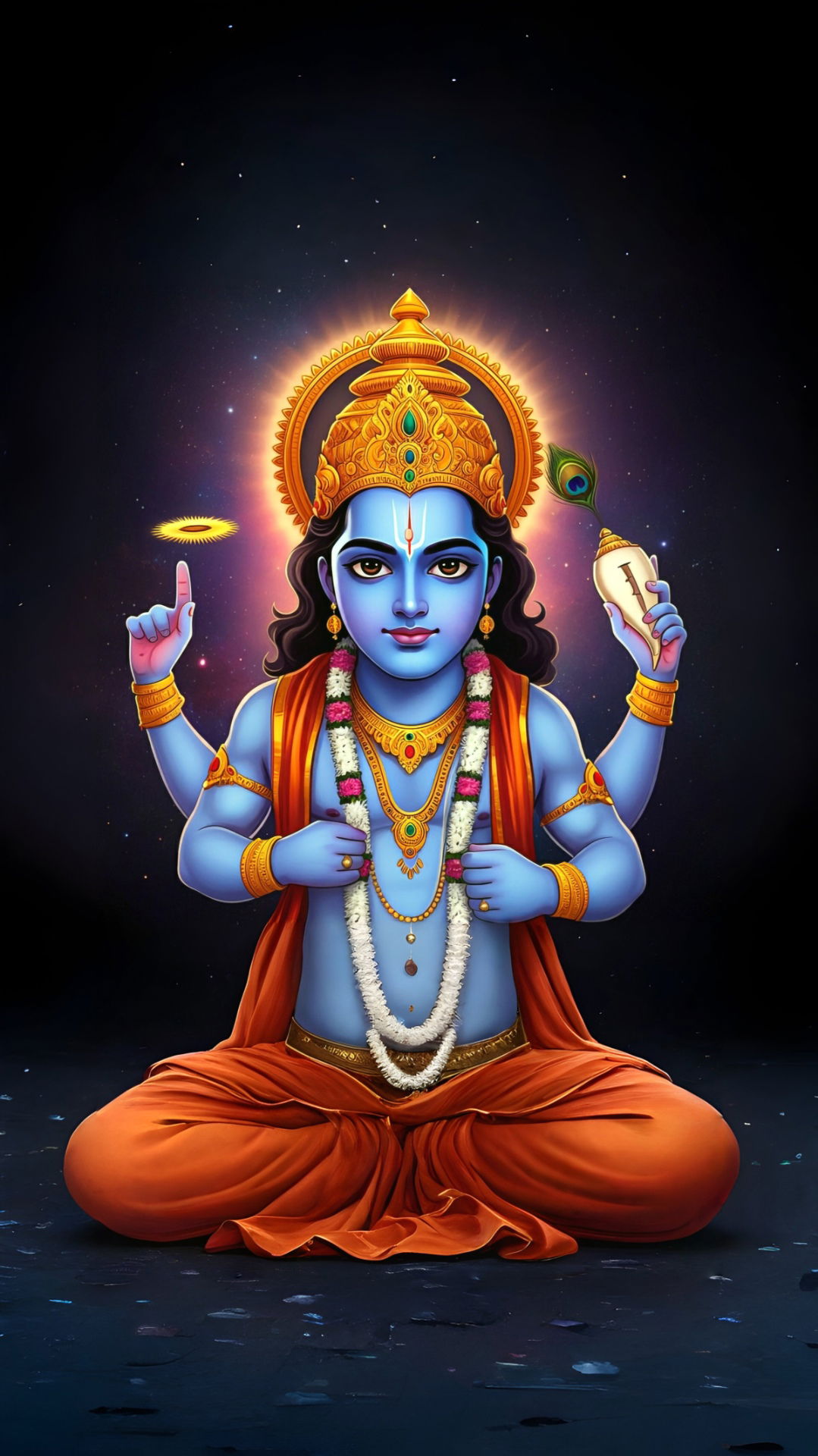 Blue-skinned Vishnu amidst cosmic swirl