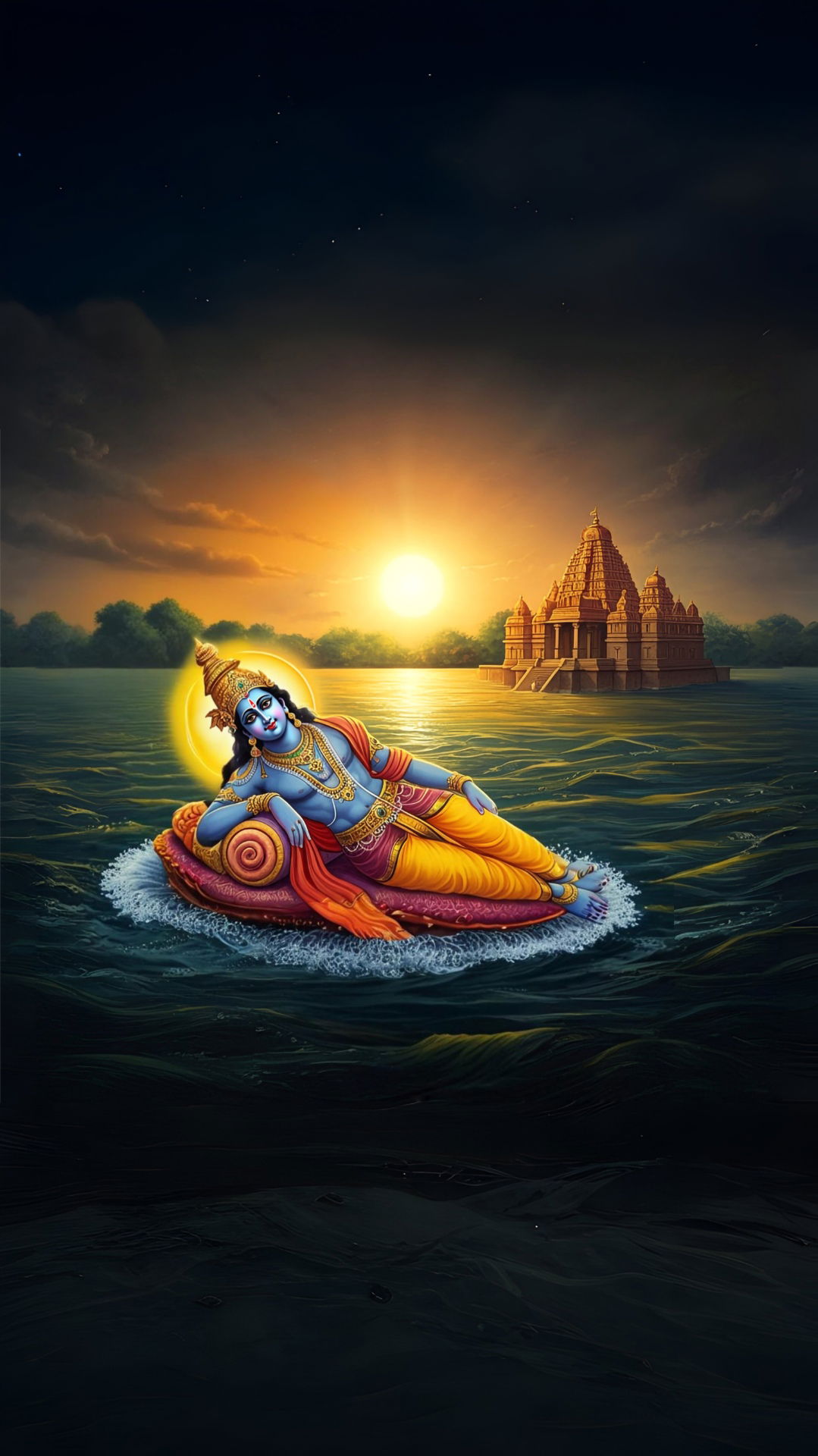 Vishnu resting on Sheshnag at sunset