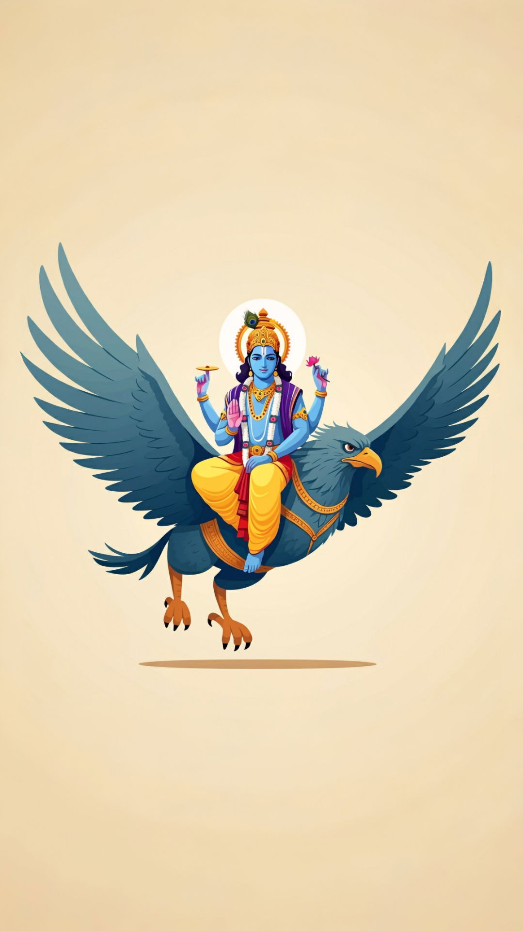 Vishnu rides Garuda, divine protector.