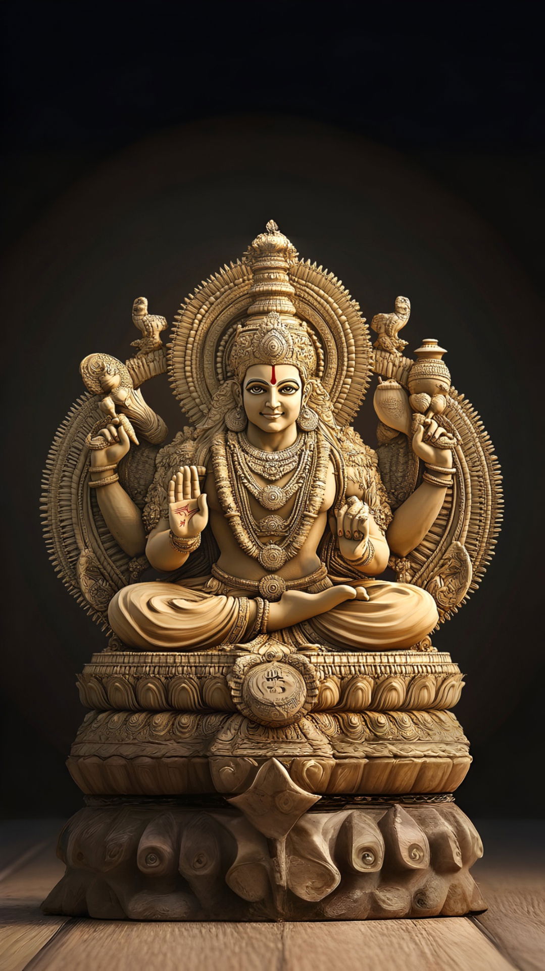 Golden Vishnu statue with auspicious symbols