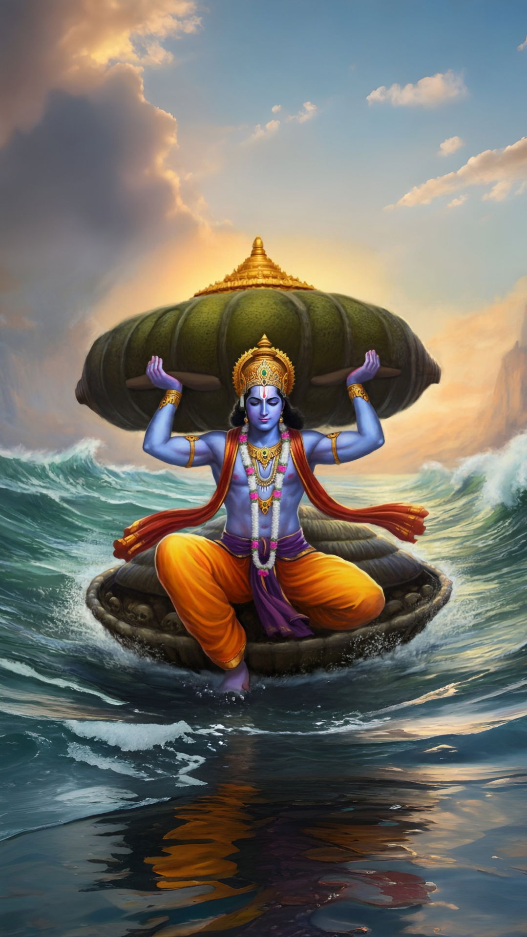 Krishna lifting Govardhan Hill protecting village.