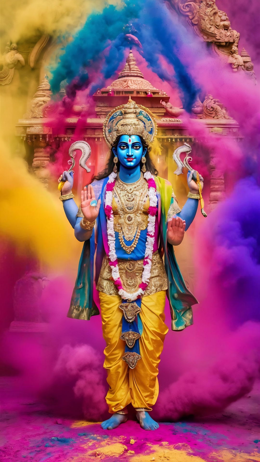 Lord Vishnu amidst colorful smoke