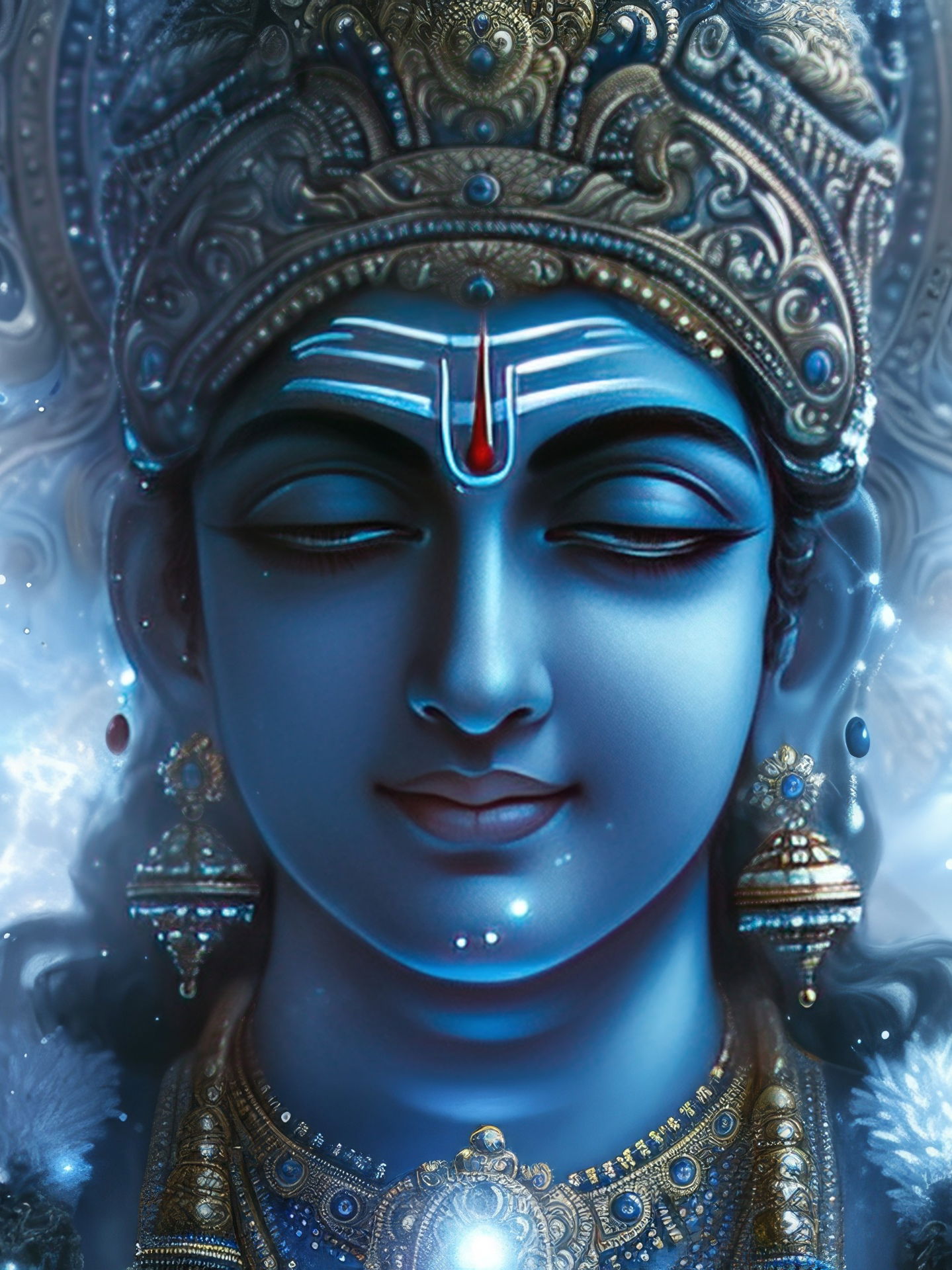 Blue-skinned Vishnu in peaceful meditation