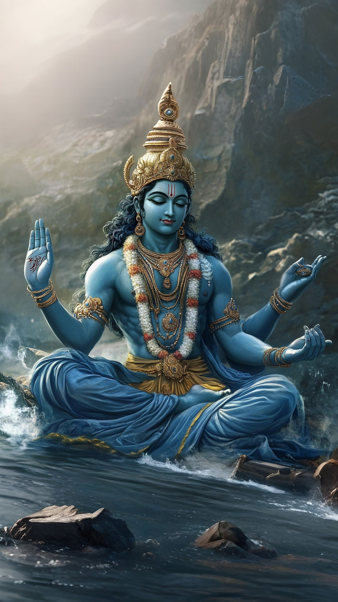 Lord Vishnu meditating in tranquil waters