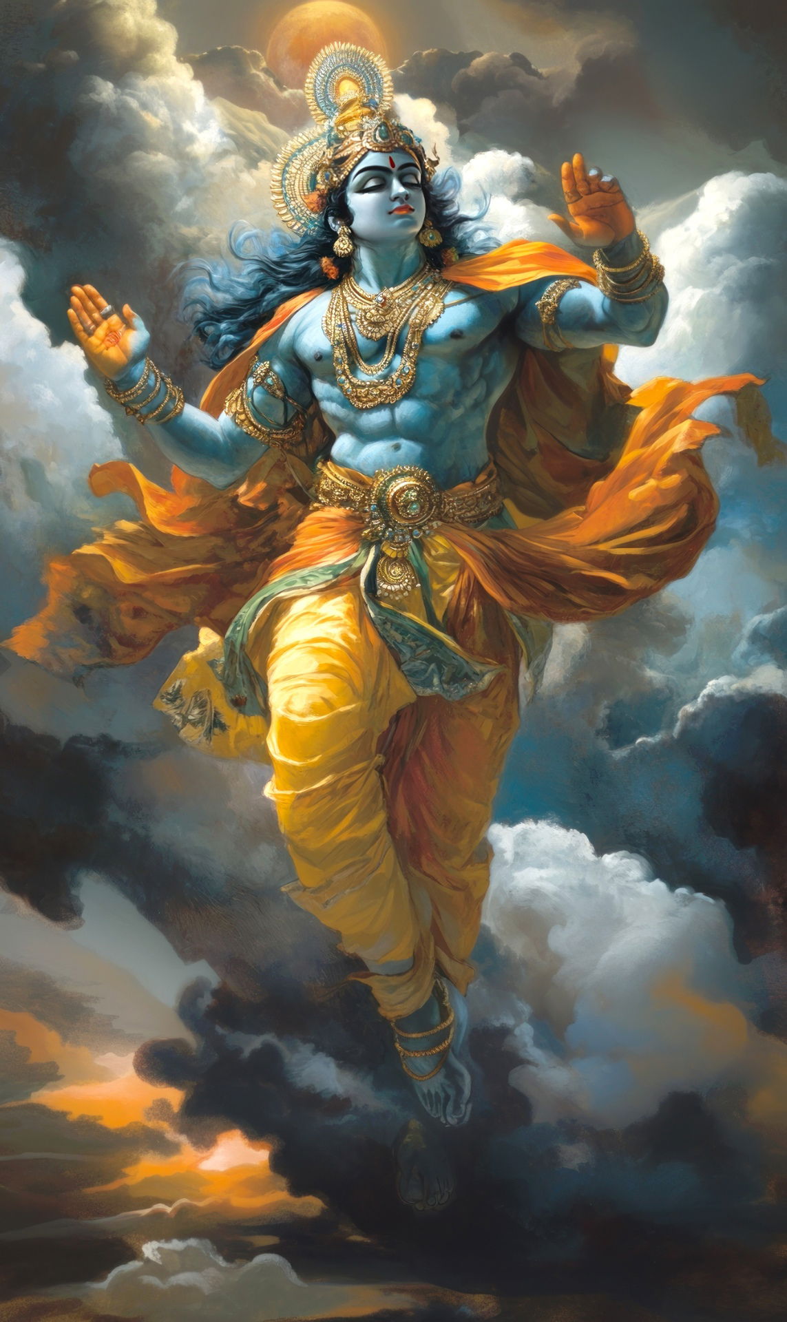 Lord Vishnu flying amidst golden clouds