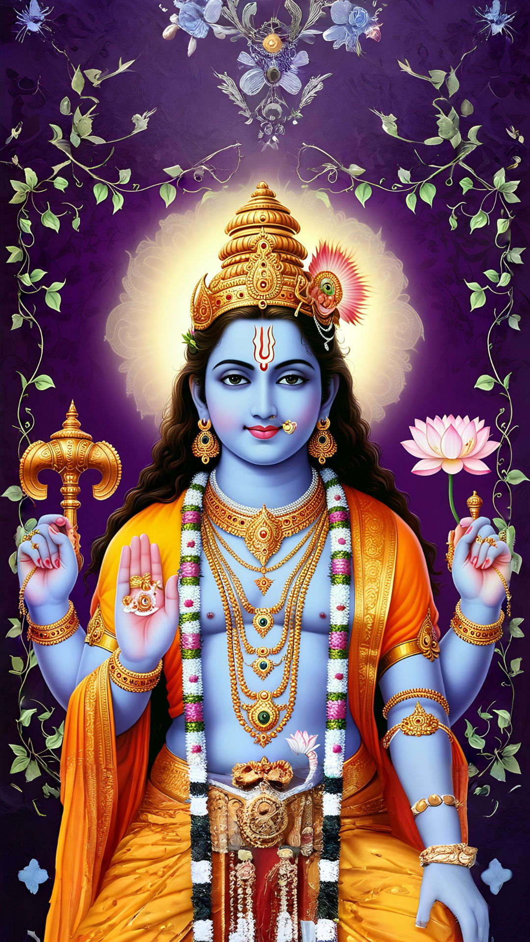 Lord Vishnu holding lotus and conch.